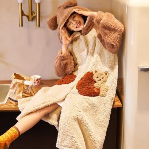 Women Sleepwear Winter Night-Gown Plush Robe Cartoon Nightdress Hooded Coral Velvet Nightgown