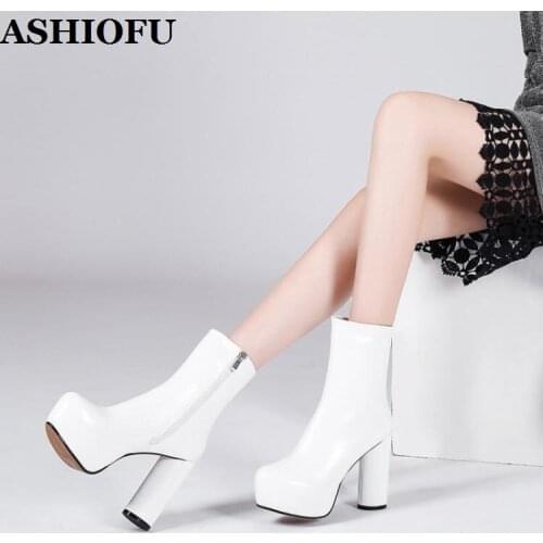 ASHIOFU Handmade Ladies Thick Heel Boots Sexy Platform Round-toe Ankle Boots Plus Size Evening Club Fashion Winter Short Boots