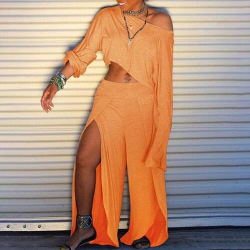 Women Fashion Casual Two-Piece Set Suits Sets Female Summer Clothes Solid Crop Top & Slit Pants Set