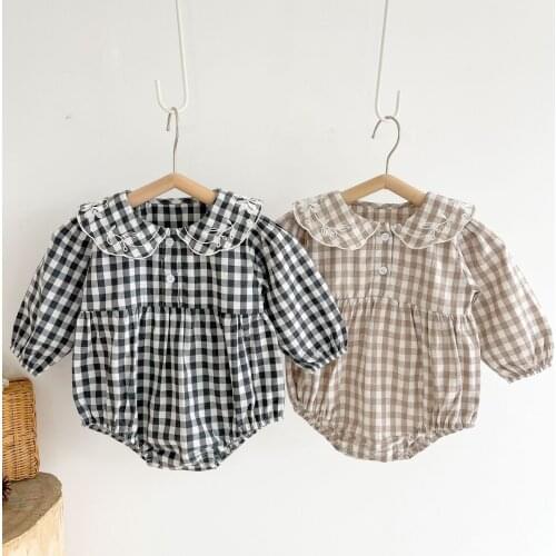 Toddler Baby Romper For Girl Cute Embroidery Bodysuit 2021 Autumn New Long Sleeve Plaid Kids Boys Clothes Girls Outfits