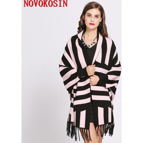 2021 Oversize Tassel Streetwear Autumn Knitted Poncho Women Striped Designer Cardigan Female Bat Sleeves Cloak Two Color Shawl