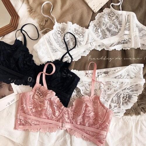 4 Color Big Size ABCD 70-85 2021 Summer Ultrathin Cup Intimates Full Lace Women Sexy Push Up Underwear Transparent Bra Panties