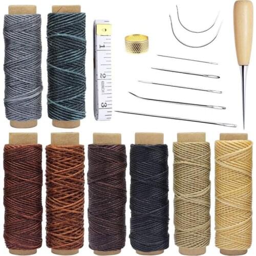 ABSF 18 Pieces Leather Craft Tools With Hand Sewing Needles Drilling Awl Waxed Thread And Thimble For Leather Upholstery Carpet