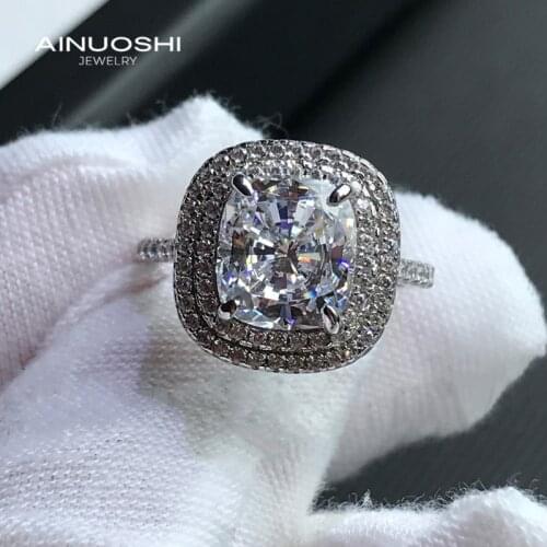 AINUOSHI 925 Sterling Silver Cushion Cut 8x9mm Engagement Doubie Halo Ring Simulated SONA Diamond Wedding Silver Ring Jewelry