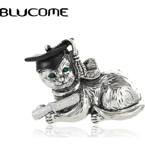 Blucome Bachelor Cap Animals Cat Shape Brooches For Women Vintage Brooch Children Kids Pins Suit Corsage Pin Clip New year Gifts