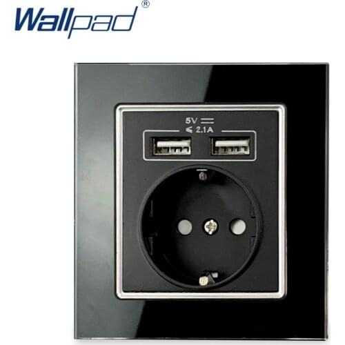 EU Socket With 2 Usb Socket Port Charger 5V 2100mA Black Glass Panel Wallpad Luxury Wall Double USB Electric Power Outlet