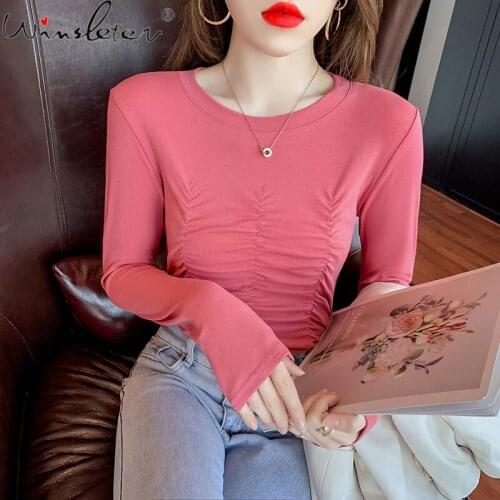 Spring Fall Korean Style T-Shirt Girl Chic Sexy O-Neck Drape Slim Women Tops Cotton Long Sleeve Bottoming Shirt Tees New T11707A