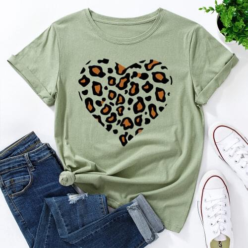 Womens Graphic Tees Cotton Short Sleeve Crew Neck Loose T Shirt Tops Female Summer Casual Clothes Leopard Heart Love