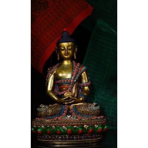 8"Tibet Temple Collection Old Bronze mosaic Gem Dzi Bead outline in gold Sakyamuni Sitting Buddha Ornaments Town House Exorcism