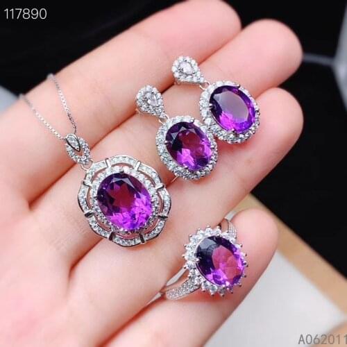 KJJEAXCMY fine jewelry Amethyst 925 sterling silver luxury girl new pendant necklace chain earrings ring set hot selling