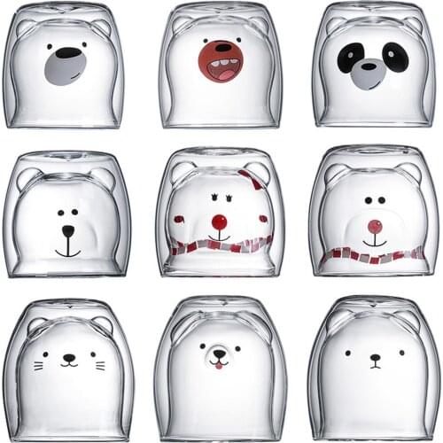 Lovely Glass Mugs Bear Cat Dog Animal Double-layer Tea Milk Coffee Cup With Round Mouth Prevent Scald Cartoon Christmas Gift