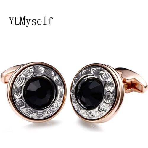 Round crystal mens cufflinks with stone cuff link fashion cufflinks for wedding rose Gold/Black color cufflinks for man