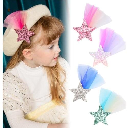 20pcs/set Glitter Star Mesh Hair Clips Lace Meteor Hairpin Colorful Gradient Color Kids Barrettes Sweet Birthday Party Headwear
