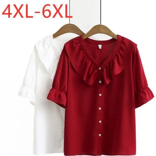 New 2021 Ladies Summer Plus Size Tops For Women Large Blouse Short Sleeve Loose Casual Red Button Chiffon Shirt 3XL 4XL 5XL 6XL