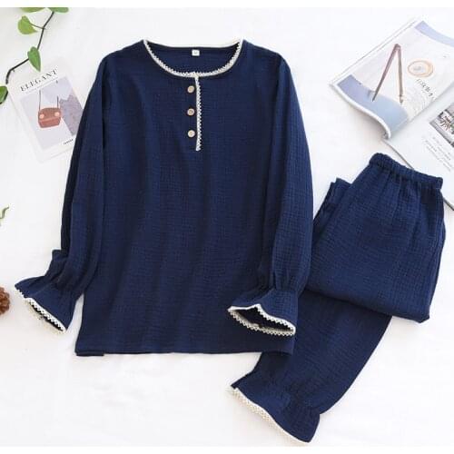 2021 New Style Cotton Double Gauze Seersucker Ladies Pajamas Two-piece Cardigan White Navy Simple Long-sleeved Home Pajama Sets
