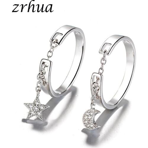 ZRHUA Original 925 Sterling Silver Ring Ladies Tassel Rings with Stone Moon and Star Shape Cubic Zircon Women Finger Jewelry