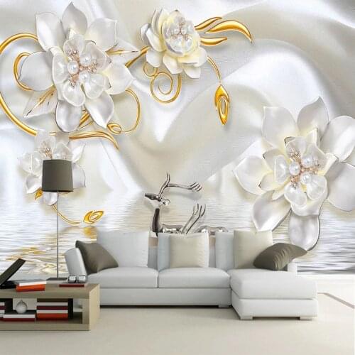 Custom Mural Wallpaper 3D Relief Pearl Jewelry Flower Silk Wallpaper Living Room Bedroom Luxury Home Decor Papel De Parede Sala