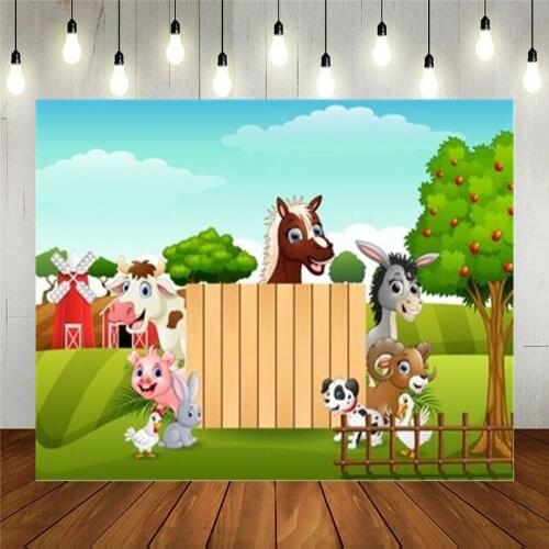 Photo Studio Props Photography Backdrop Cartoon Farm Animals With A Blank Sign Wood Vinyl Background Kids Birthday Decoration