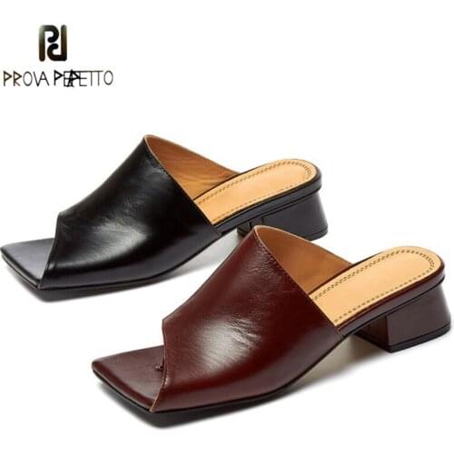 Open-toed Square-toe Slippers Female Summer New Style Full Leather Inside and Outside Thick Mid-heel Fashion Womens Sandals