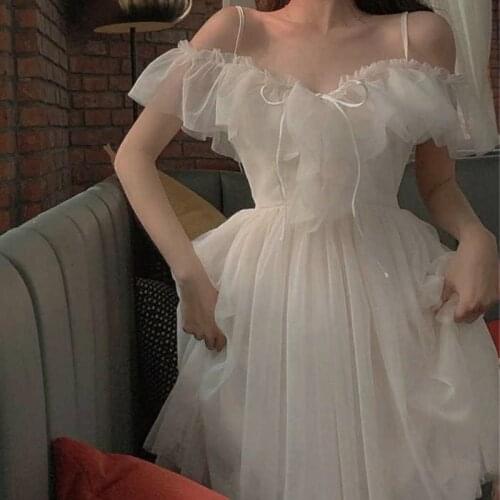 Summer Fairy Party Chiffon Ruffles Dress Slash Neck Straps Slim High Waist Ball Gown Gauze Multi-Layers Pleated Dress A-Line