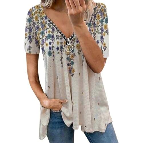 Loose Casual Printing Heart Printing T-shirt Top Summer Womens Short-sleeved V-neck Top Fashion Trend T-shirt Shirt Plus Size