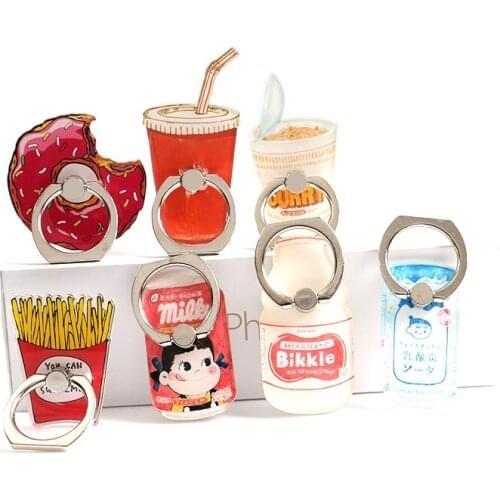 Hot Sales Universal Metal Finger Phone Ring Holder Mobile Phone Holder Stand Chips Milk Bottle Donuts Cartoon Finger Ring Holder