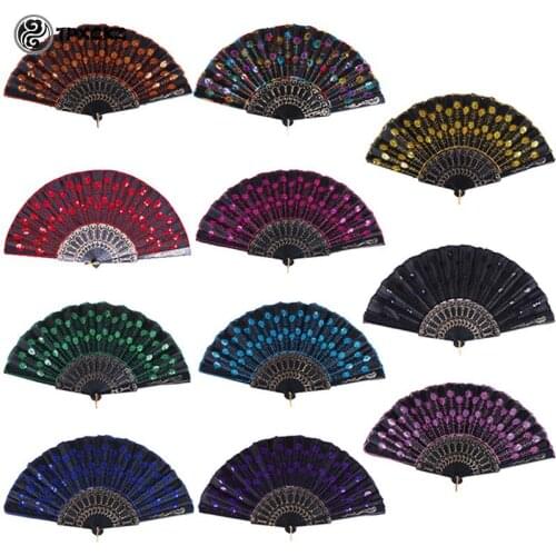 Christmas Dance Fan Rainbow Color Peacock Pattern Folding Hand Held Embroidered Sequin Gift Fan
