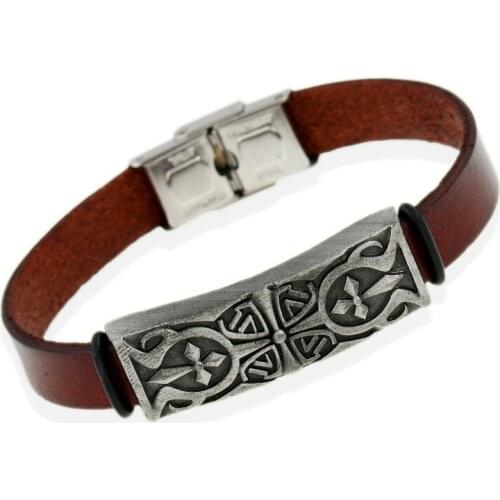 Vintage Fashion Cross Cuff Bracelet Stainless Steel Buckle Brown Genuine Leather Bangle Alloy Charm Wristbands Women Men Jewelry