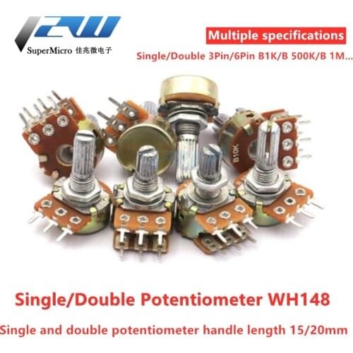 WH148 linear potentiometer 15mm/20mm shaft with nuts and washers 3/6pin WH148 B1K B2K B5K B10K B20K B50K B100K B250K B500K B1M