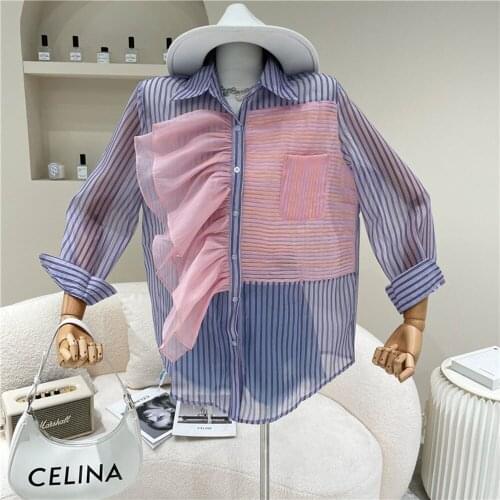 Purple Striped Shirt Women Patchwork Fashion Casual Autumn Korean Style Long Sleeve Loose Button Up Female Blouses Blusas Top