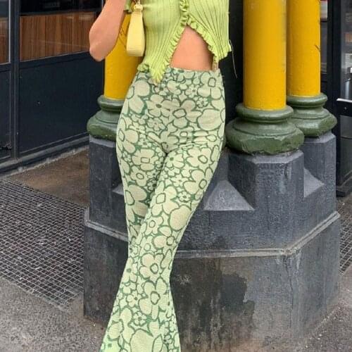 Green Floral Flare Pants harajuku Y2k Aesthetic Cute Retro Pants High Waist Slim trouser suits Fashion Streetwear Womens pants