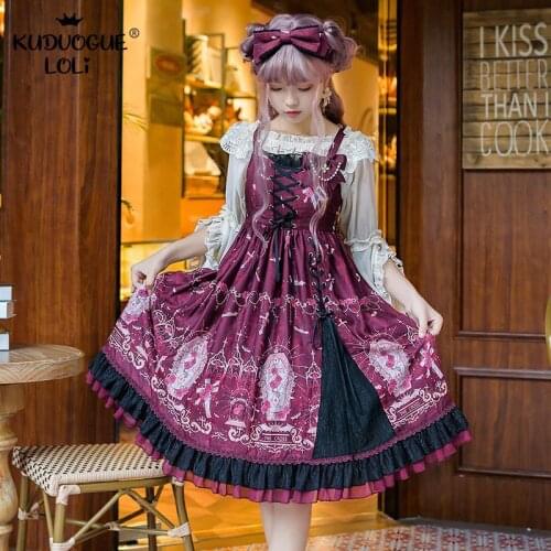 Japanese Lolita JSK Sling Dress Sweet Girls High Waist Layered Ruffle Bow Cute Women Party Cosplay Costume Dark-Night-Cross New