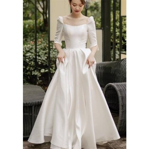 Square Neck Sweep Train Wedding Dress 2021 Elegant Simple Satin Half Sleeve A-Line Bridal Gowns vestidos de mairee Wedding
