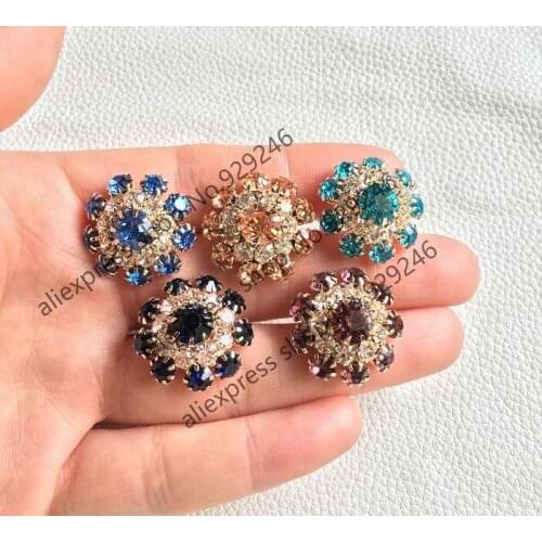 2pc/lot 22mm purple blue pink crystal rhinestone button gold flower button for women over coat sweater garment embellishments