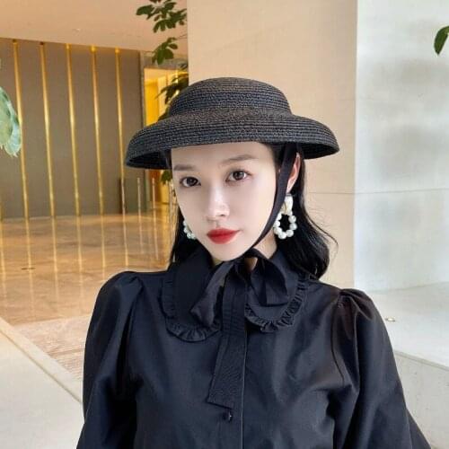 202106-panshi- Hepburn style grace small hat long ribbon pp yarm or paper take photo lady sun cap women leisure hat