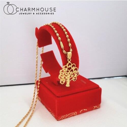 24K Gold GP Charm Necklaces For Women Tree Pendant & Necklace Chain 18 inch Collier Choker Femme Wedding Jewelry Accessories