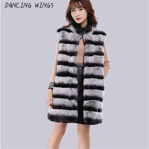 80cm Chinchilla Color Real Fur Vest Womens Winter Jacket Stand Collar Long Gilet Natural Rex Rabbit Fur Coats