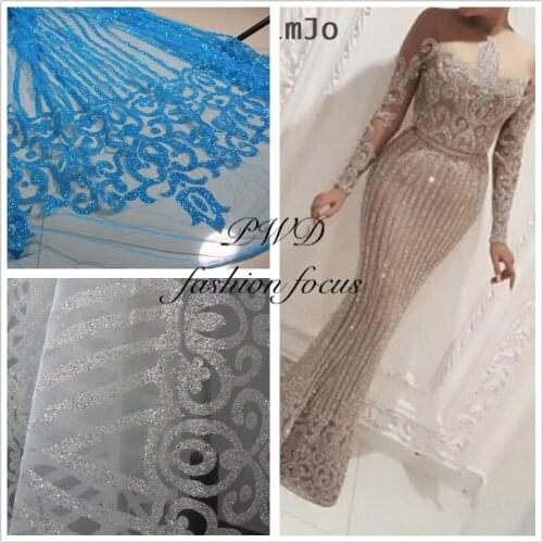 African ankara fabric white blue Stripes floral lace fabric glued Glitter tulle Mesh lace fabric for sewing