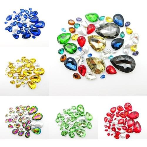 Glitter glass crystal water drop shape 7 sizes mix pointback strass glue on rhinestones beads handicraft ornament diy 50pcs/bag