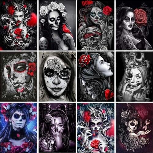 Skull with Flowers Diamond Painting Kits for Adults Dark Cool Style Diamond Mosaic Stitch Diy Diamond Painting Accessories Decor