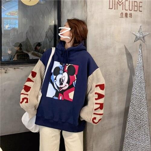 Disney Thicken Sweatshirts Winter Mickey Mouse Hooded Hoodies Women Minnie Kawaii Tops New Knitted Sleeve Harajuku Cute Hoodies