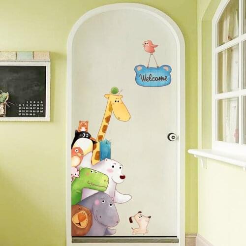 Cartoon Animals Giraffe Door Stickers for Kids Room Decor Living Room Decorative Wall Stickers Cute Decals Home Decor