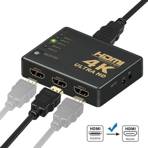 HDMI Switch Splitter Intelligent 5-Port 5x1 HDMI Switcher Supports 4K Full HD1080p 3D with IR RF Remote 1080P HD Video Switch