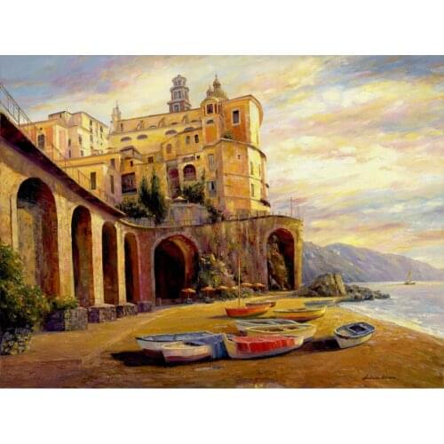 Hand painted beautiful oil paintings Castle by the Sea city scence artwork for living room decor