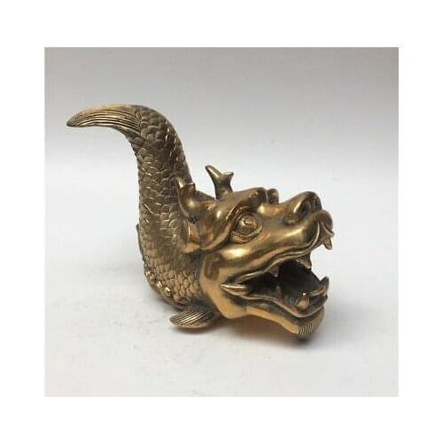 Mini) Exquisite Chinese For Decoration Brass Fengshui Lucky Ancient Chinese God beast Statue - Dragon Fish