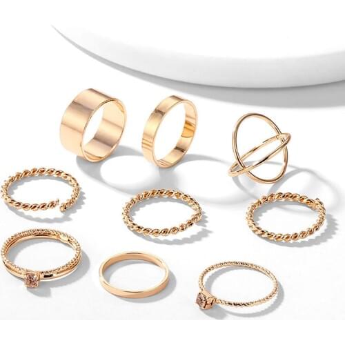 9 Pcs/Set Fashion Gold Silver Color Crystal Rings Set For Women 2020 Boho Punk Vintage Twist Weave Knuckle Ring Female Jewelry