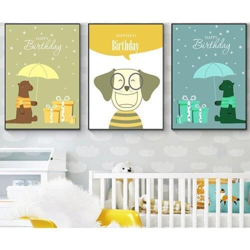 Wall Art Canvas Poster Nursery Quotes Cartoon Blue Bear and Dog Print Painting Birthday Gift Kid Baby Boy Bedroom Decoration