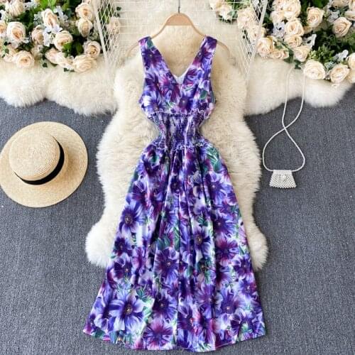 2021 Fashion Spring New Style French Vest Vestidos Femininity V-neck Waist Slim Midi Printed Dress C308