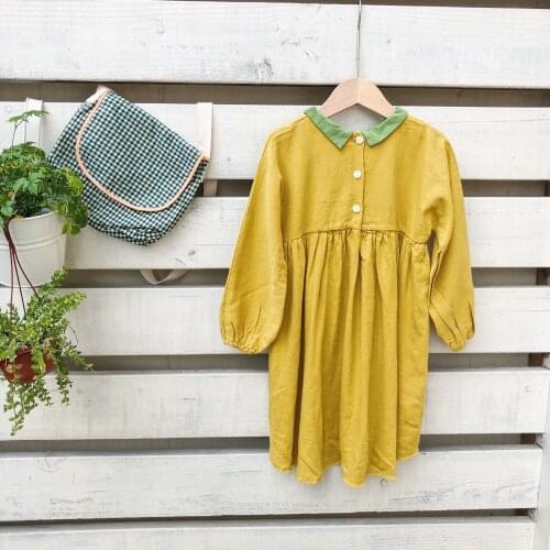 2 3 4 5 6 7 Years Girls Dress Autumn 2019 Fashion Long Sleeves Kids Dresses for Girls Yellow Peter Pan Collar Princess Dresses