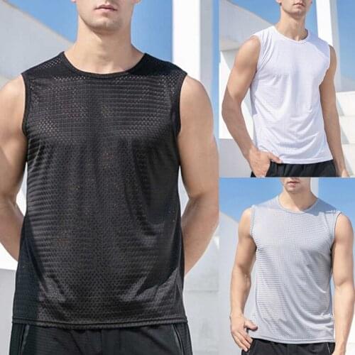 Mesh sleeveless mens health Vest Youth Ice Silk Hollow Breathable Wide Shoulder Vest O-neck Loose Vest